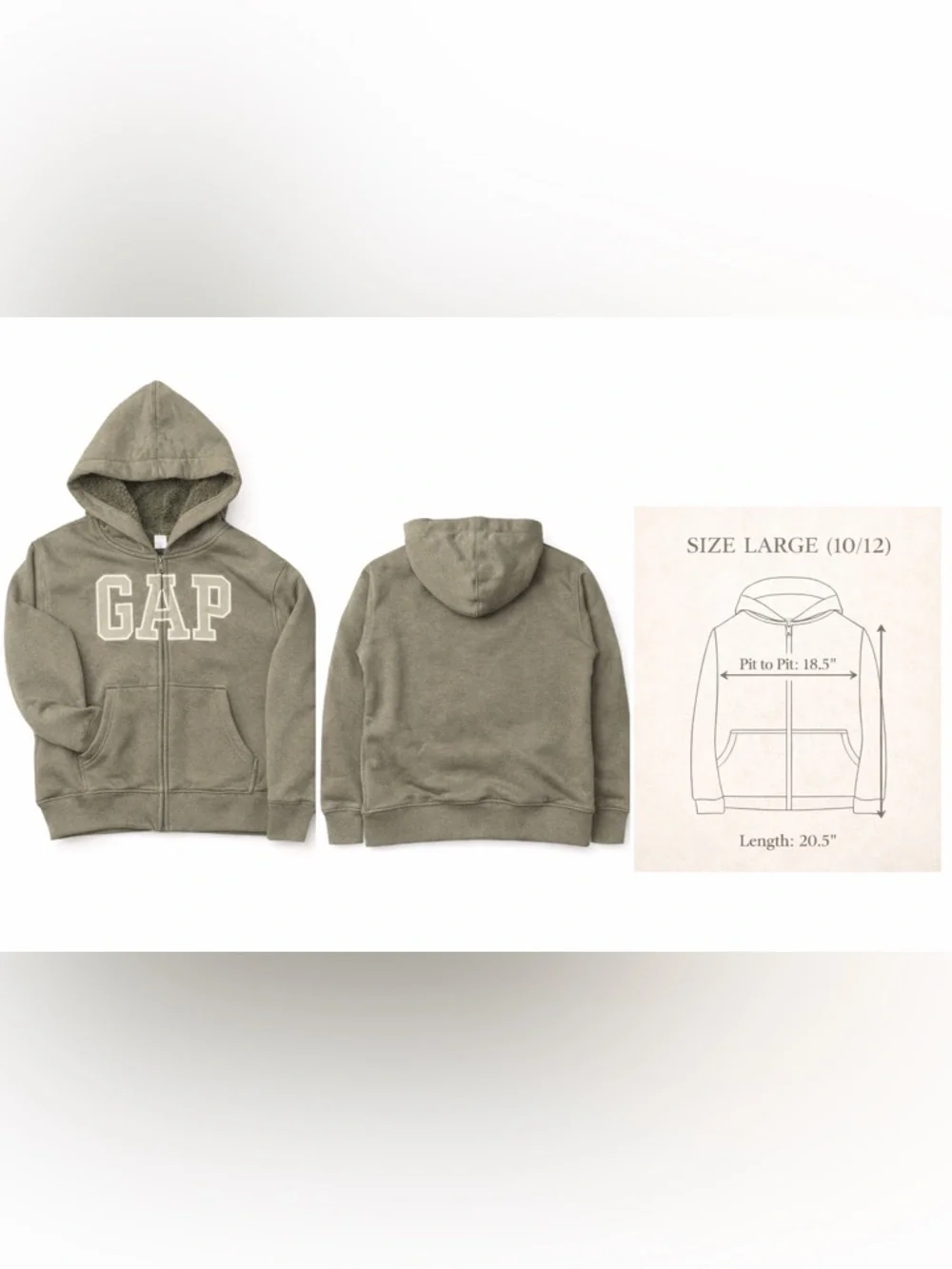 GAP Logo Zip Hoodie Olive Green Fleece Lined Large 10/12 Cozy Casual - Picture 2 of 2